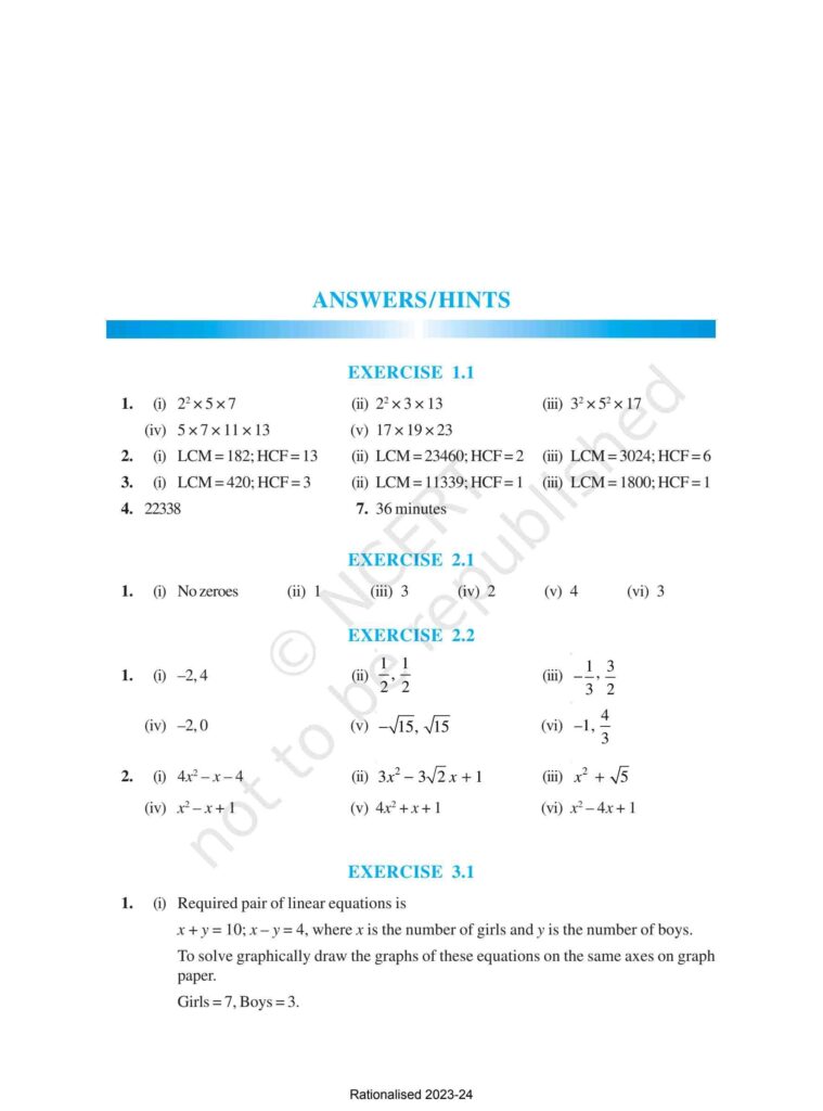 Answer Key of Maths Class 10

