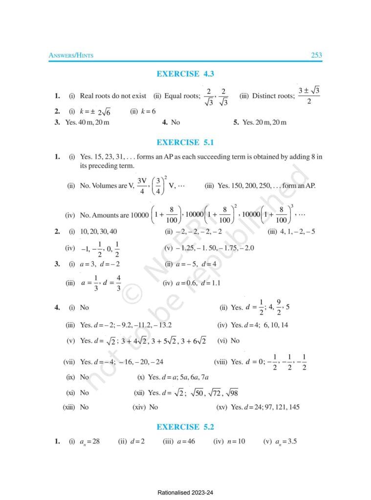 Answer Key of Maths Class 10

