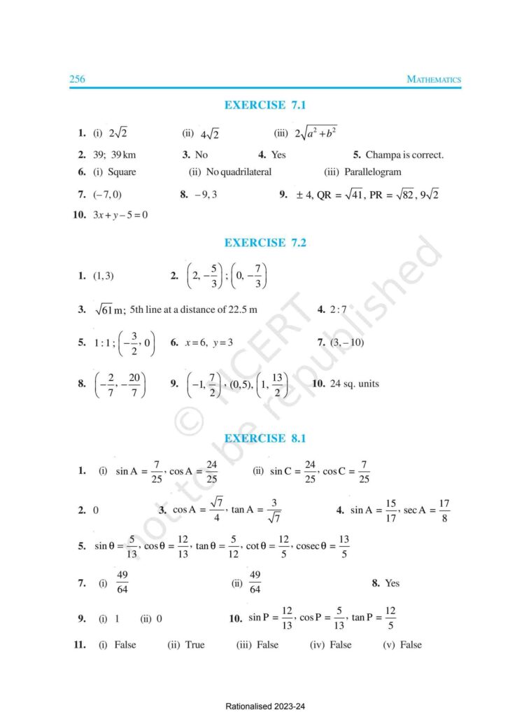 Answer Key of Maths Class 10

