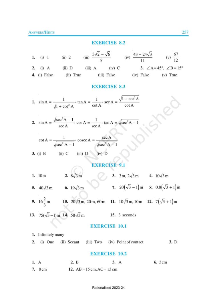 Answer Key of Maths Class 10

