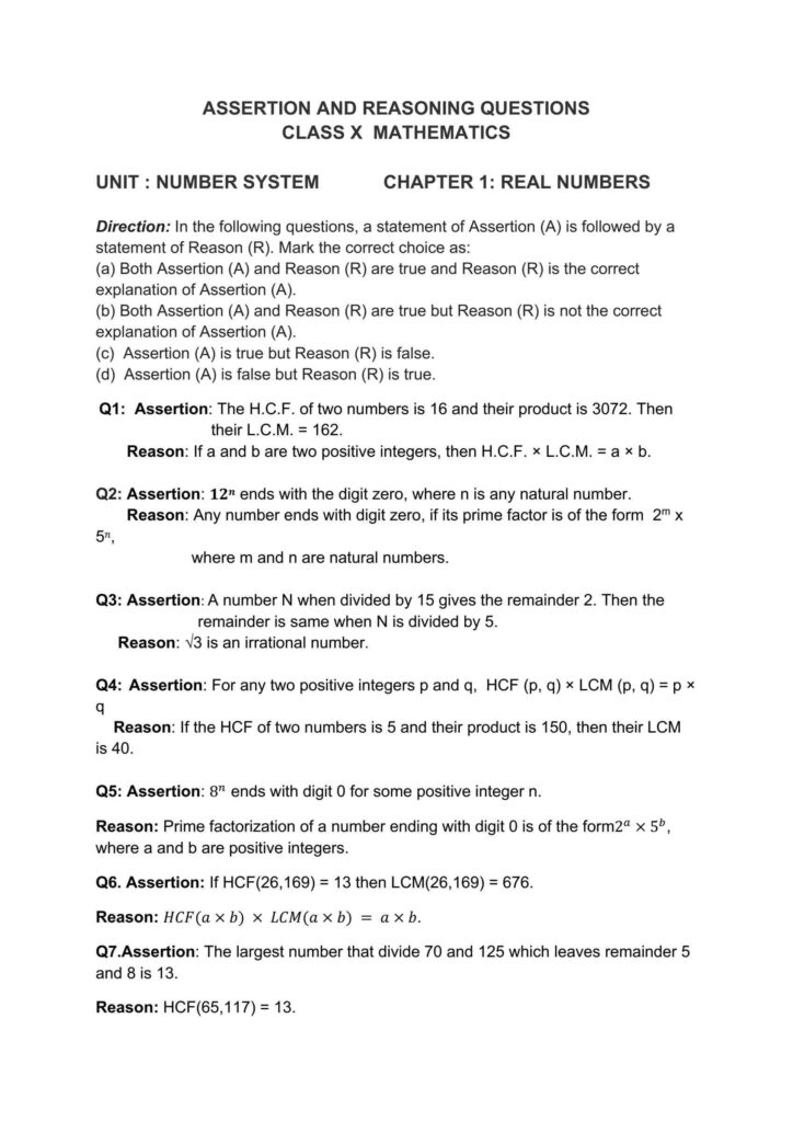 Assertion and reasons questions class 10 Maths