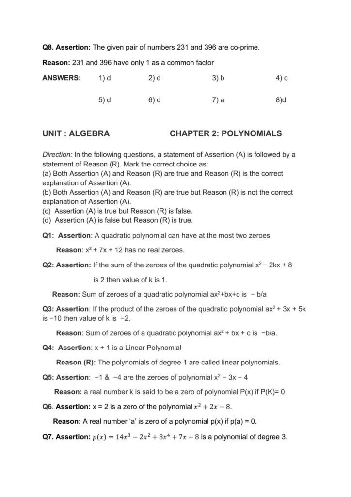 Assertion and reasons questions class 10 Maths