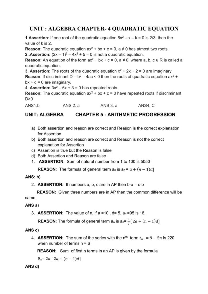 Assertion and reasons questions class 10 Maths