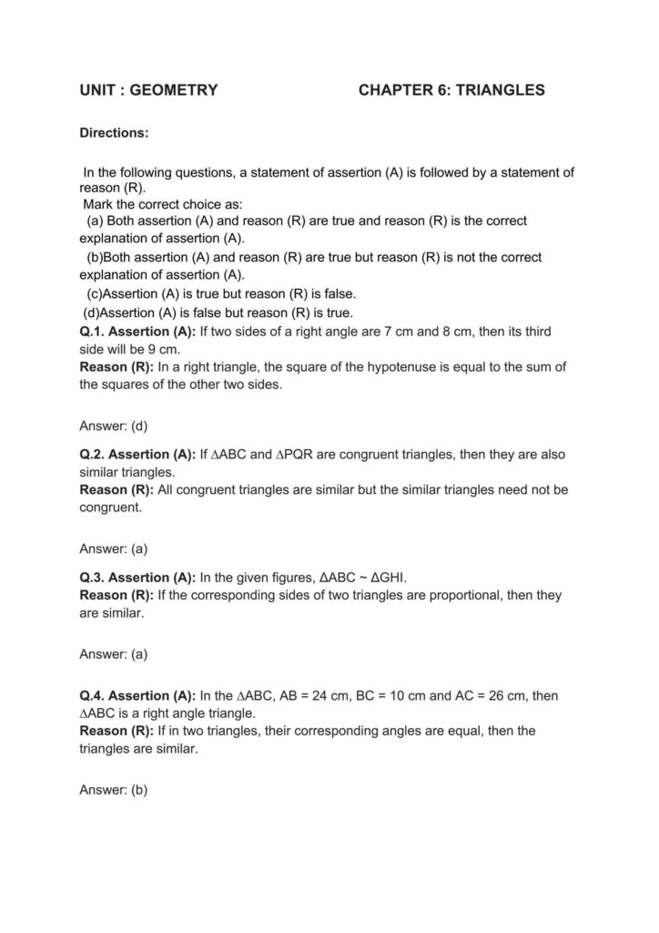 Assertion and reasons questions class 10 Maths