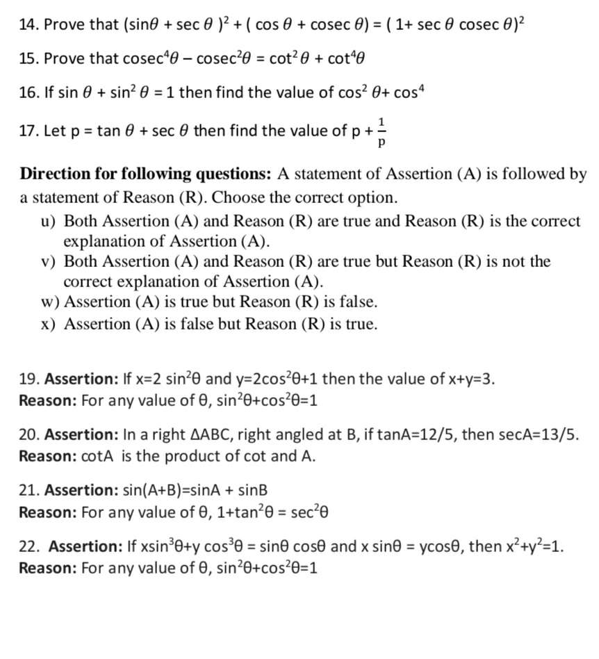 Important Questions for Class 10 Maths Introduction to Trigonometry

