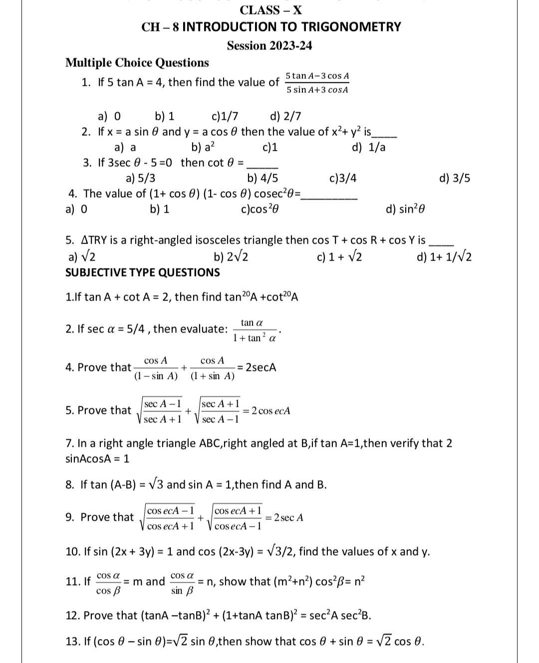 Important Questions for Class 10 Maths Introduction to Trigonometry

